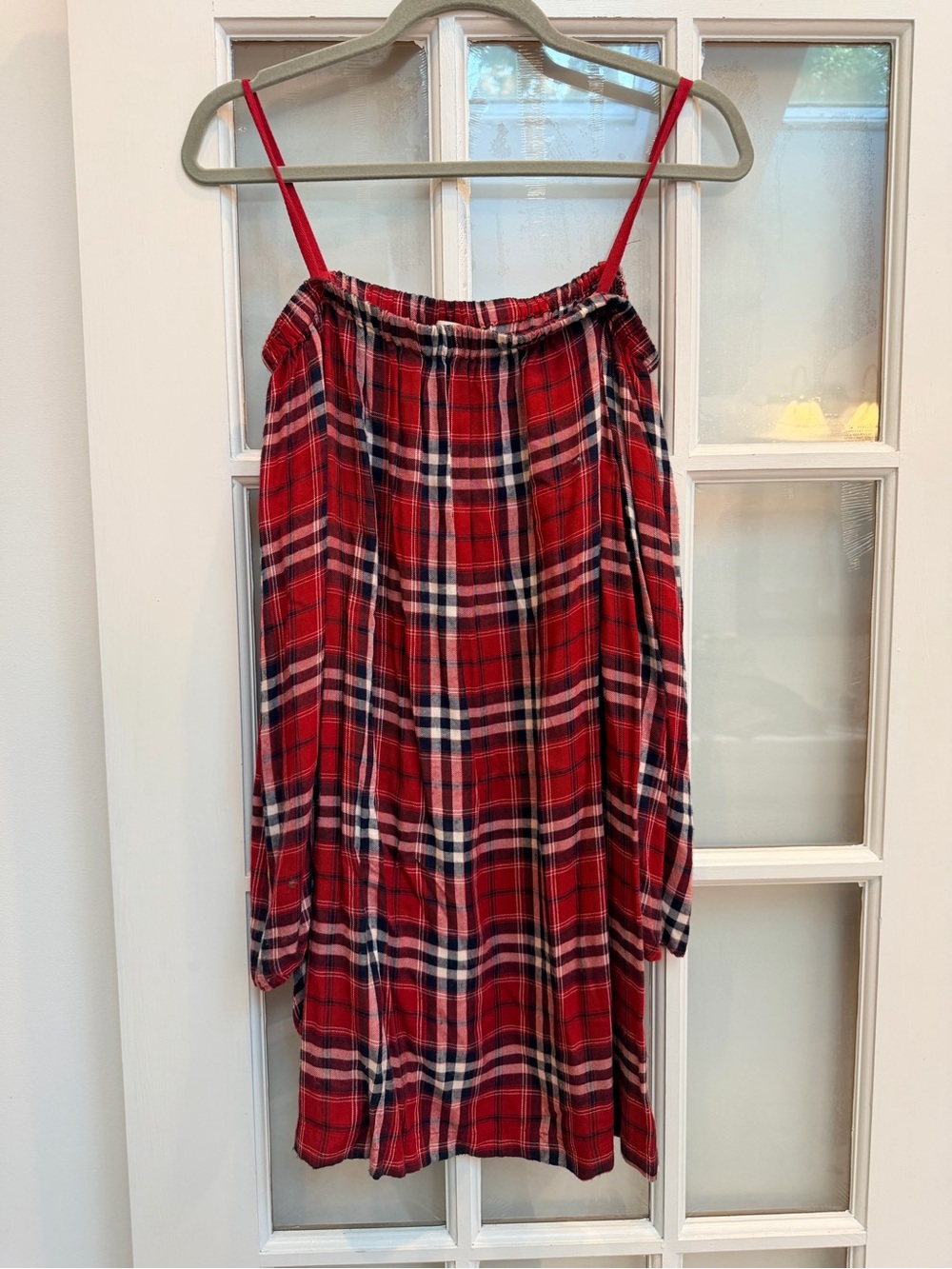 Vintage Neiman Marcus Y2K Grunge Red Plaid Off-Shoulder Shirt Dress Size M